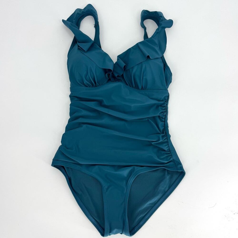 DKNY Ruffled One-Piece‎ Tummy Control Swimsuit Teal XS - Picture 3 of 9